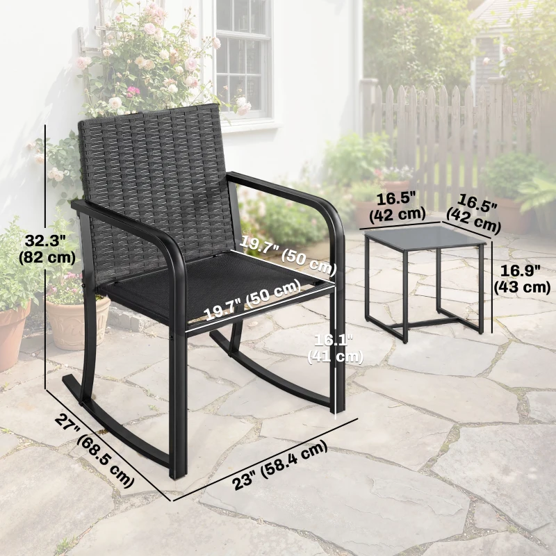 Outsunny 3 Pieces Rocking Bistro Set Outdoor Patio Furniture Set with Cushions, Glass Coffee Table for Balcony, Cream White