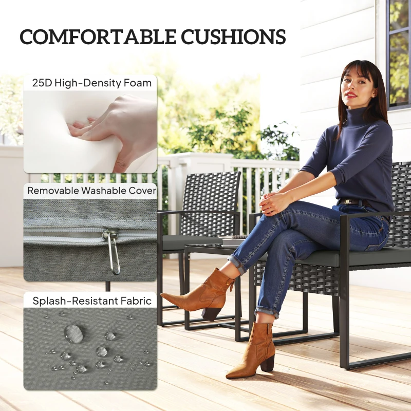 Outsunny Outdoor Bistro Set, 3 Piece Wicker Patio Furniture Set with Glass Top Table and Cushions for Porch, Balcony, Dark Grey