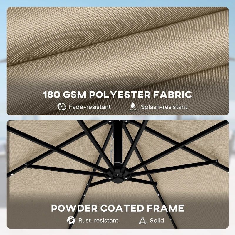 Outsunny 11.3 ft Cantilever Patio Umbrella with Light, Cover, Aluminium UPF50+ Offset Outdoor Umbrella Parasol, Khaki