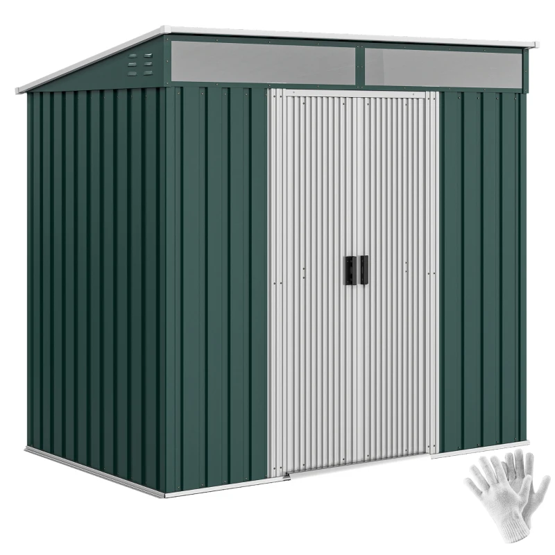 Outsunny 6.5x4FT Galvanised Metal Shed with Foundation Kit, Lockable Garden Tool Storage House with Sliding Doors, Vents, Green