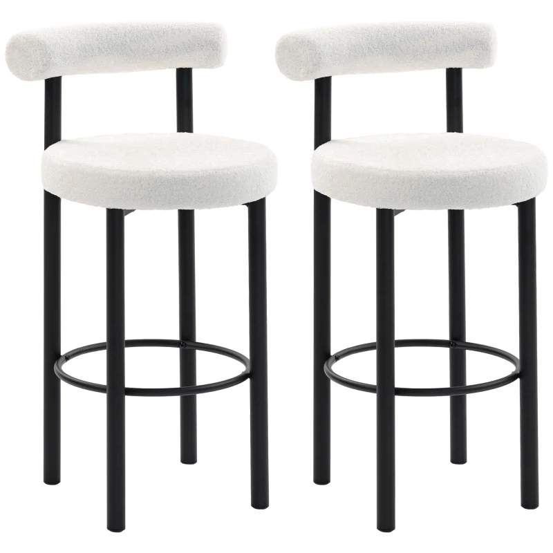 HOMCOM Bar Stools Set of 2, Sherpa Upholstered Barstools with Backrest, Bar Height Stools with Footrest for Kitchen Island