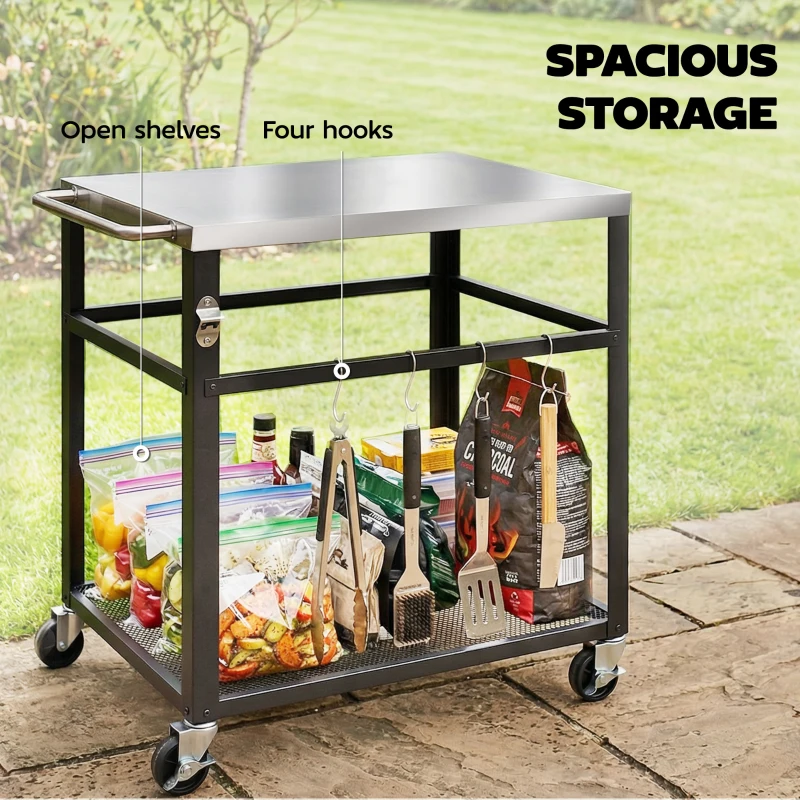Outsunny Outdoor Grill Cart with Stainless Steel Tabletop, 2-Tier Kitchen Prep Station with Hooks, Lockable Wheels, Black