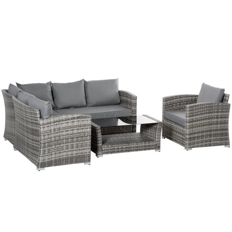 Outsunny 5 Pieces Wicker Patio Furniture Set with 4" Thick Cushions, Outdoor PE Rattan Garden Conversation Sectional Sofa Set with Glass Top Two-tier Coffee Table, Grey