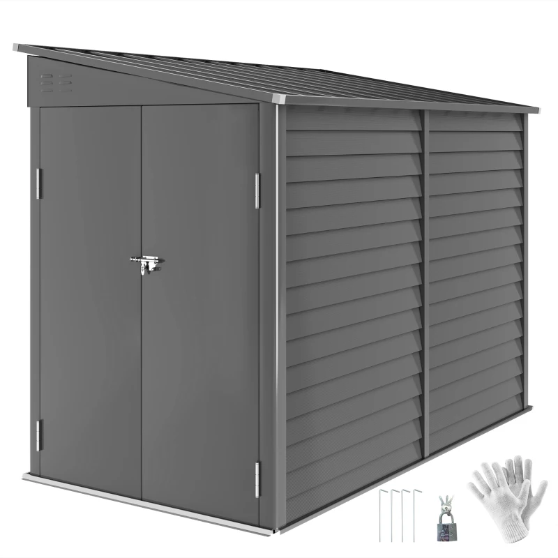 Outsunny 4.6' x 9' Steel Outdoor Storage Shed, Lean to Shed, Metal Tool House with Foundation Kit, Lockable Doors, Gloves and 2 Air Vents for Backyard, Patio, Lawn, Dark Grey