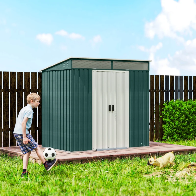 Outsunny 6.5x4FT Galvanised Metal Shed with Foundation Kit, Lockable Garden Tool Storage House with Sliding Doors, Vents, Green