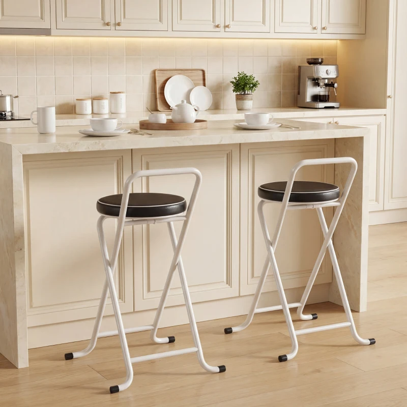 HOMCOM Foldable Bar Stools Set of 2, Folding Kitchen Chairs with PU Cushioned Seat, Footrest, Black
