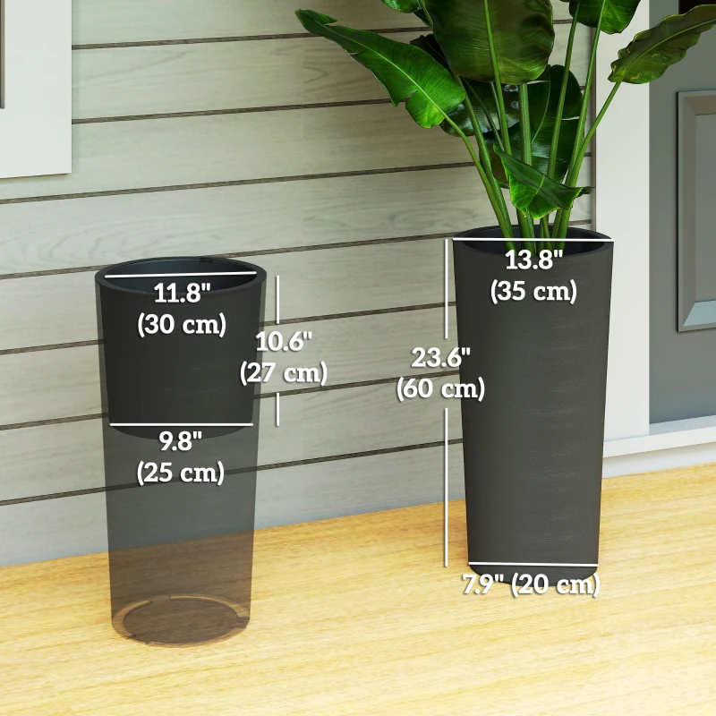 Outsunny 24" Tall Planters Set of 2, Indoor Outdoor Plastic Flower Pots with Inner Bucket and Drainage Holes, Dark Gray