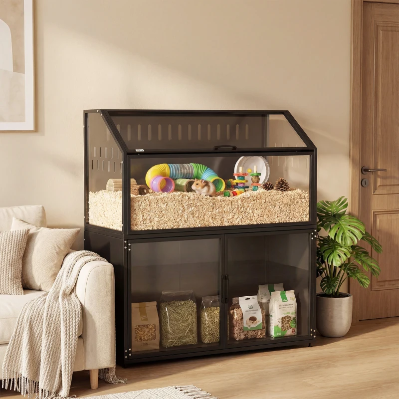 PawHut Hamster Cage with Storage Cabinet, Small Animal Cage with Easy View Acrylic Panels and Openable Top, Guinea Pig Habitat
