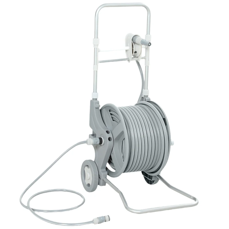 Outsunny Hose Reel Cart with Wheels, 1/2" x 148ft Garden Hose Reel with 2 Patterns Nozzle, Faucet Adaptors, Rewind Handle, Grey