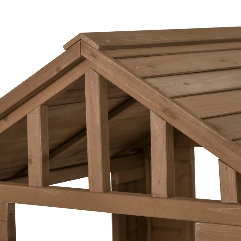 Outsunny Kids Wooden Playhouse, Outdoor Garden Games Cottage with Flowers Pot Holder, Working Door, Windows, Brown