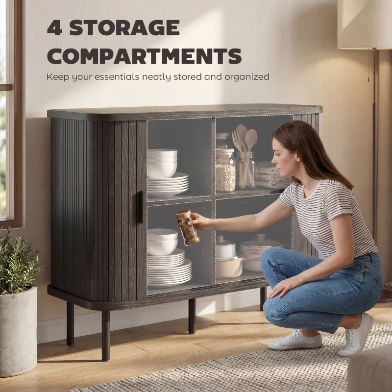 HOMCOM 35.4" Sideboard Buffet Cabinet with Storage, Nordic Coffee Bar Cabinet with Slatted Tambour Doors and Metal Legs, Black