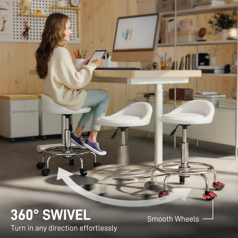 HOMCOM PU Leather Rolling Stool, Height Adjustable Swivel Salon Chair with Backrest and Foot Rest for Spa, Tattoo, White