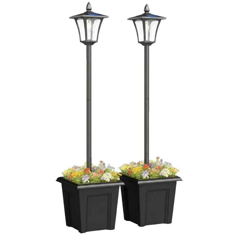 Outsunny 63" Solar Lamp Post Lights 2 Pack, Waterproof LED Solar Light Posts with Planter, Black