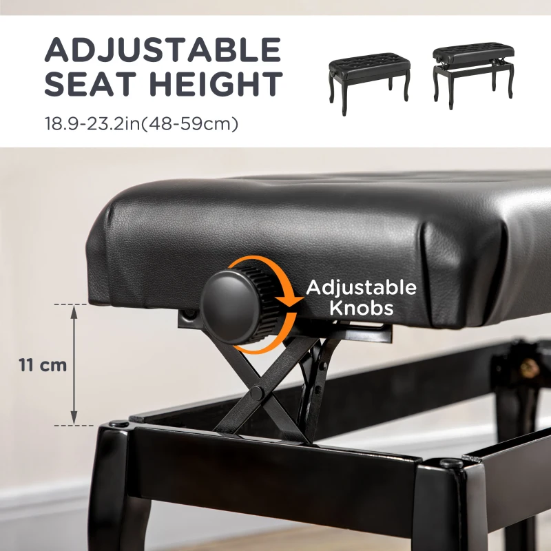 HOMCOM Adjustable Height Piano Bench Stool, PU Leather Button Tufted Padded Keyboard Seat with Rubber Wood Legs, Black