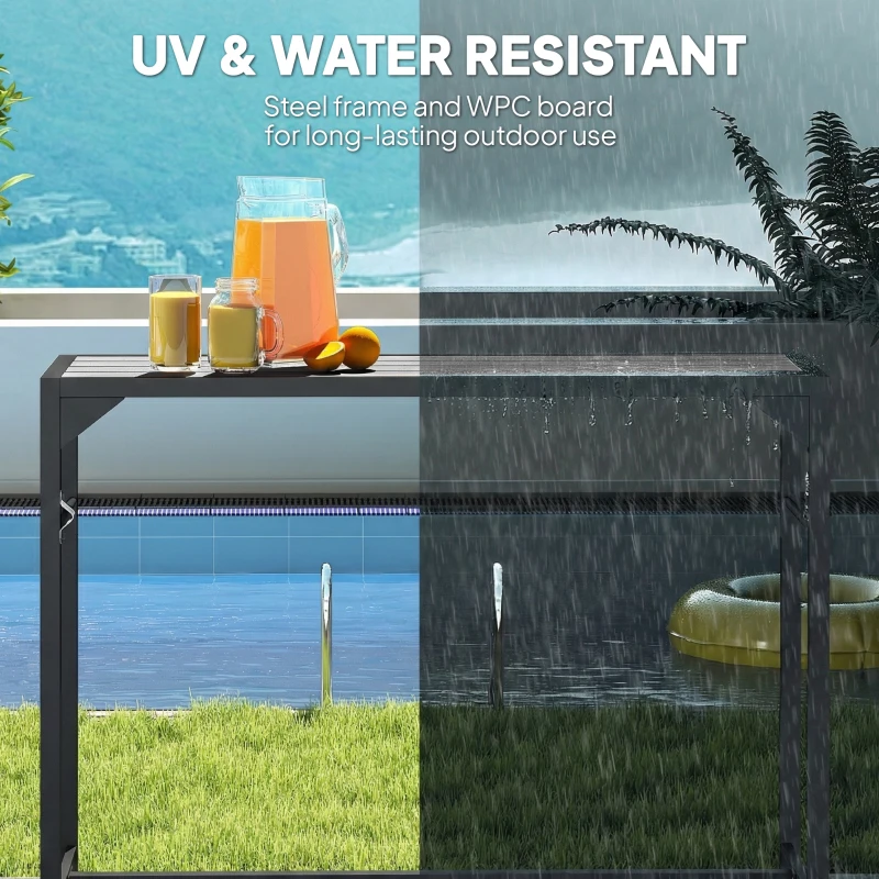 Outsunny Bar Height Outdoor Table with Built-In Bottle Opener, Patio Bar Table with Wood Grain Plastic Top, 55" x 15" x 39"