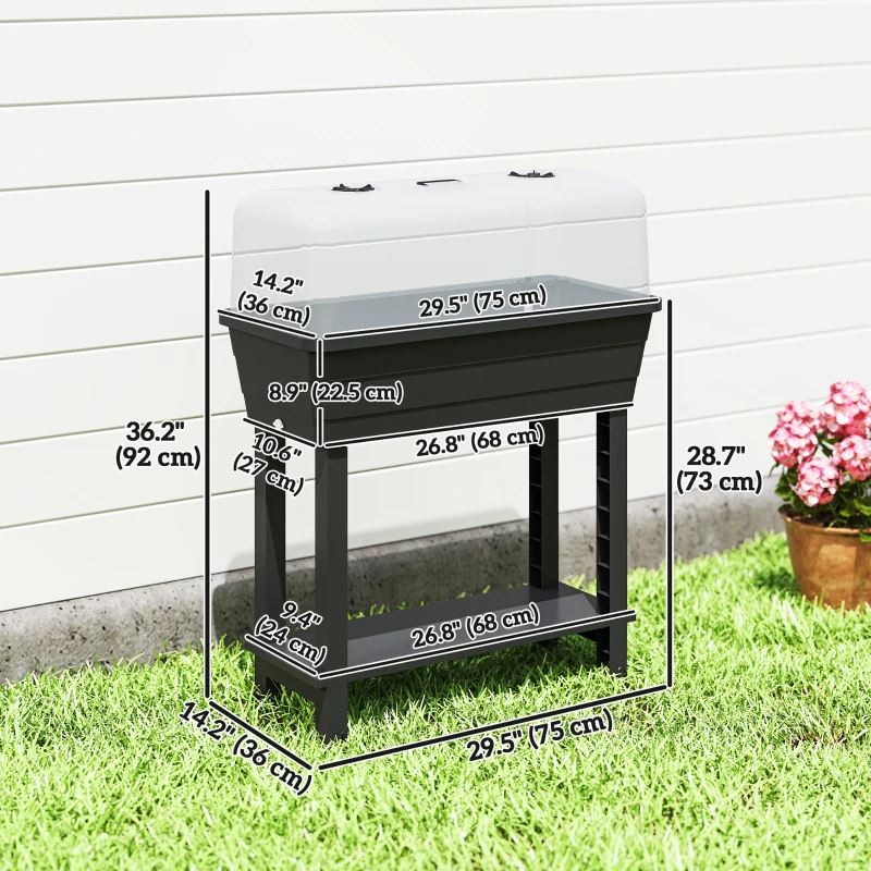 Outsunny 41L Self Watering Raised Garden Bed w/ Ventilation Transparent Lid Greenhouse, Planter Box w/ Storage Shelf, Black