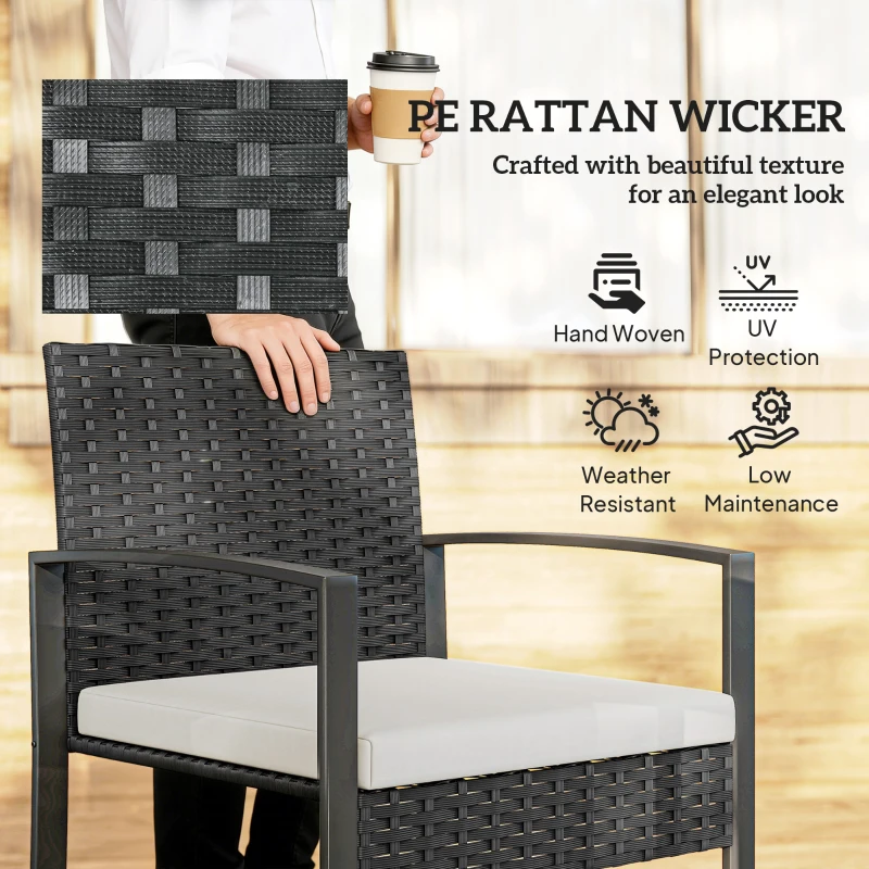 Outsunny Outdoor Bistro Set, 3 Piece Wicker Patio Furniture Set with Glass Top Table and Cushions for Porch, Balcony, Cream White