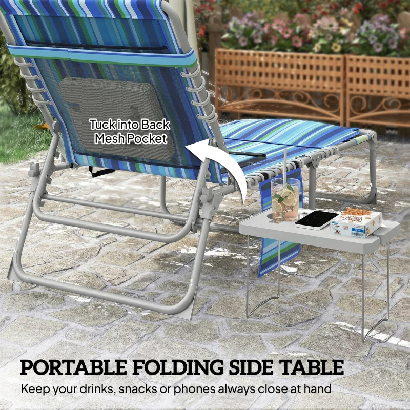 Outsunny Tanning Chair with Face Hole and Side Table, Folding Outdoor Lounge Chair with Carry Straps, Side Pocket, Blue Stripe