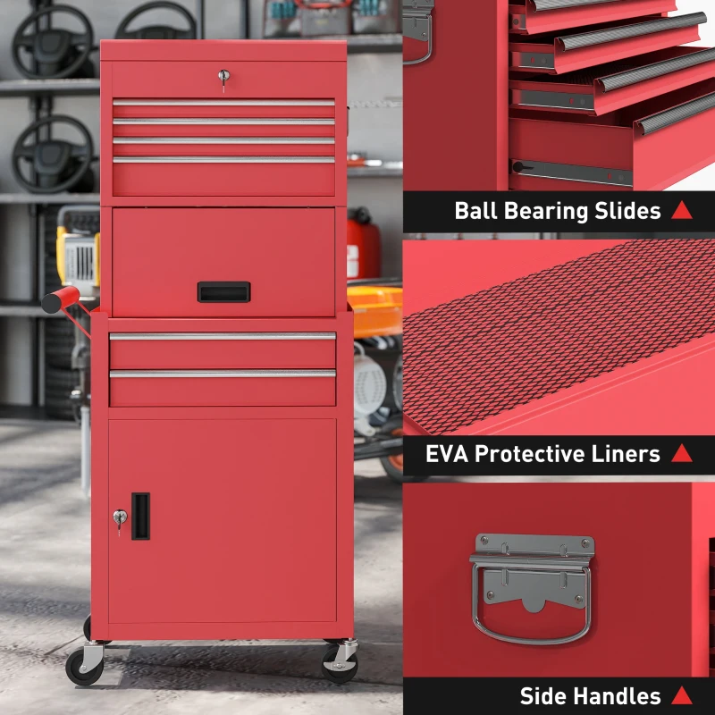 HOMCOM Large Tool Cabinet, 3-in-1 Rolling Tool Chest, Detachable Tool Storage Organizer with 6 Drawers and Pegboard, Red