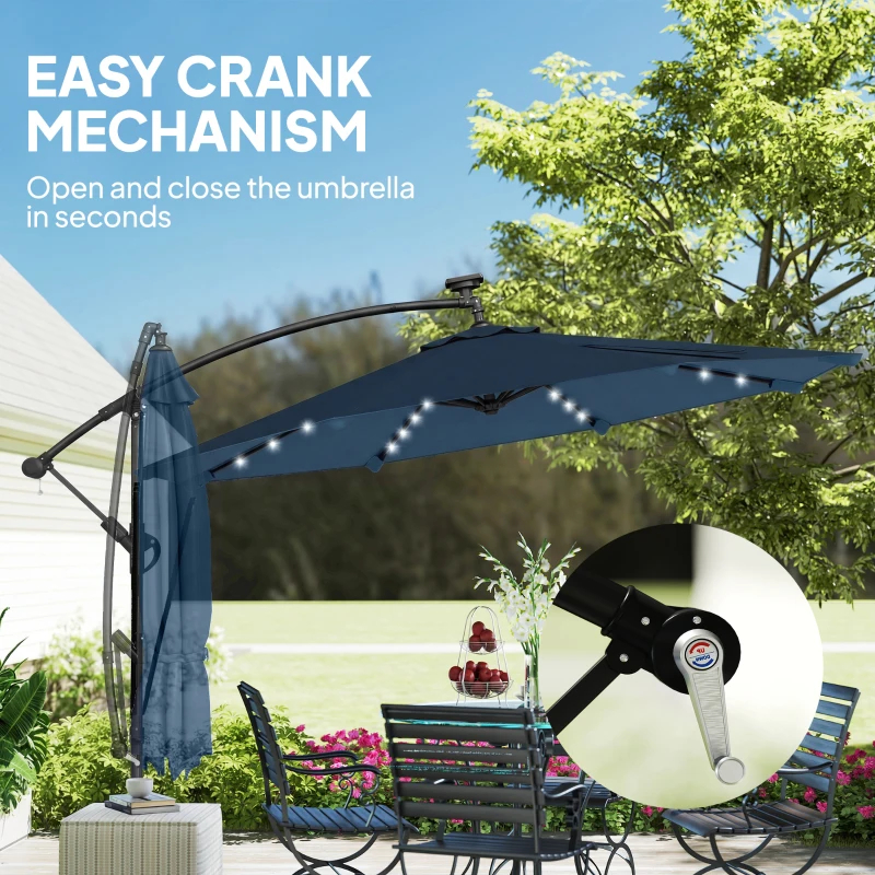 Outsunny 11.3 ft Cantilever Patio Umbrella with Light, Cover, Aluminium UPF50+ Offset Outdoor Umbrella Parasol, Navy Blue