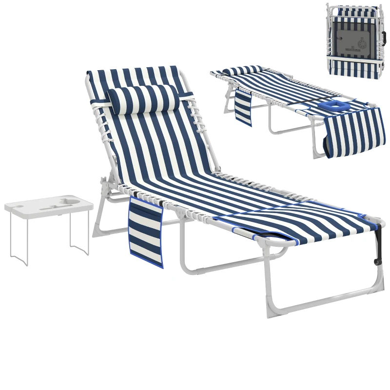 Outsunny Tanning Chair with Face Hole and Side Table, 5-Position Folding Outdoor Chaise Lounge Chair, Blue and White