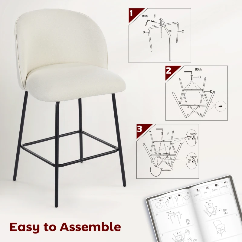 HOMCOM Set of 2 Counter Height Barstools, Upholstered Linen Bar Stools with Backrest, Footrest and Steel Legs, Cream White