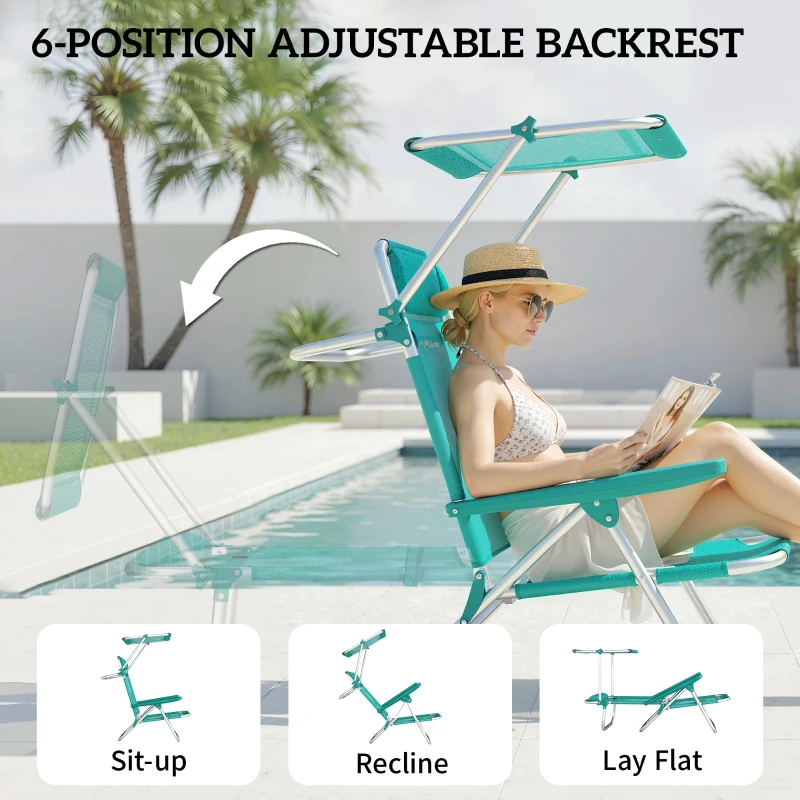 Outsunny 2 Piece Folding Beach Chairs with Adjustable Canopy, 6-Position Reclining Lounge Chair with Headrest, Turquoise