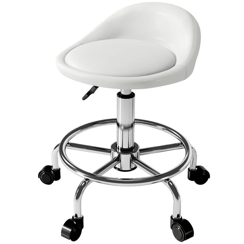 HOMCOM PU Leather Rolling Stool, Height Adjustable Swivel Salon Chair with Backrest and Foot Rest for Spa, Tattoo, White