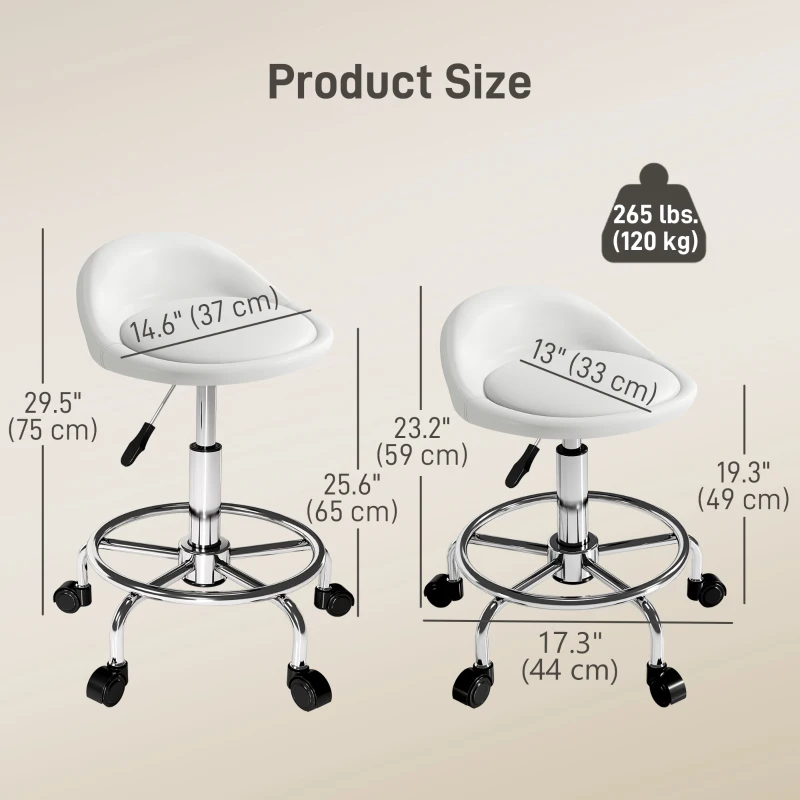 HOMCOM PU Leather Rolling Stool, Height Adjustable Swivel Salon Chair with Backrest and Foot Rest for Spa, Tattoo, White