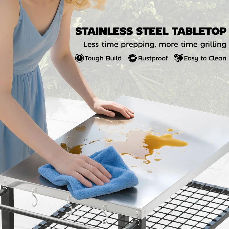 Outsunny Outdoor Grill Cart with Stainless Steel Top, Two-Shelf Pizza Oven Stand, Food Prep Table on Wheels, Black