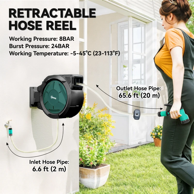 Outsunny 1/2 in x 65ft Wall Mounted Garden Hose Reel, Retractable Water Hose Reel with Auto Rewind, Any Length Lock, Blue