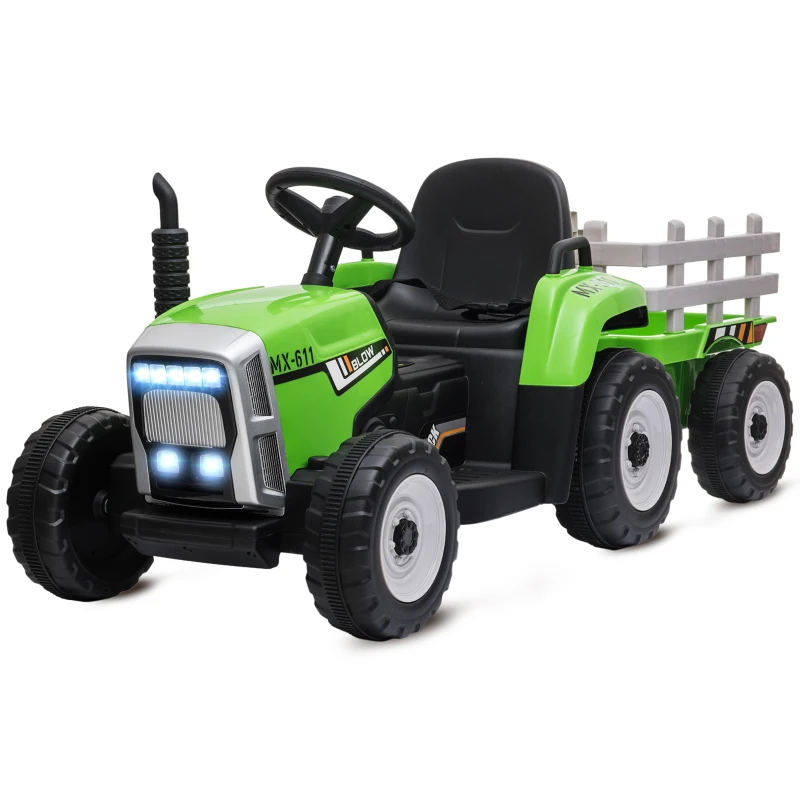 Aosom 12V Kids Ride on Tractor with Trailer, Battery Powered Electric Kids Car with Remote Control, Music Start up Sound and Horn, USB, LED Lights, Green