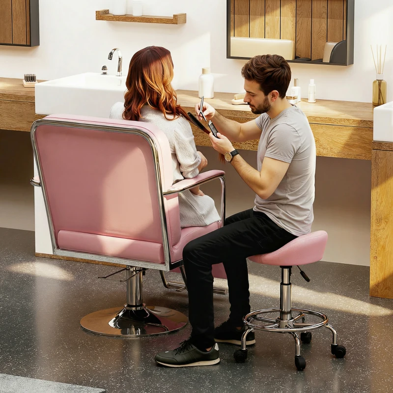 HOMCOM PU Leather Rolling Stool, Height Adjustable Swivel Salon Chair with Backrest and Foot Rest for Spa, Tattoo, Pink