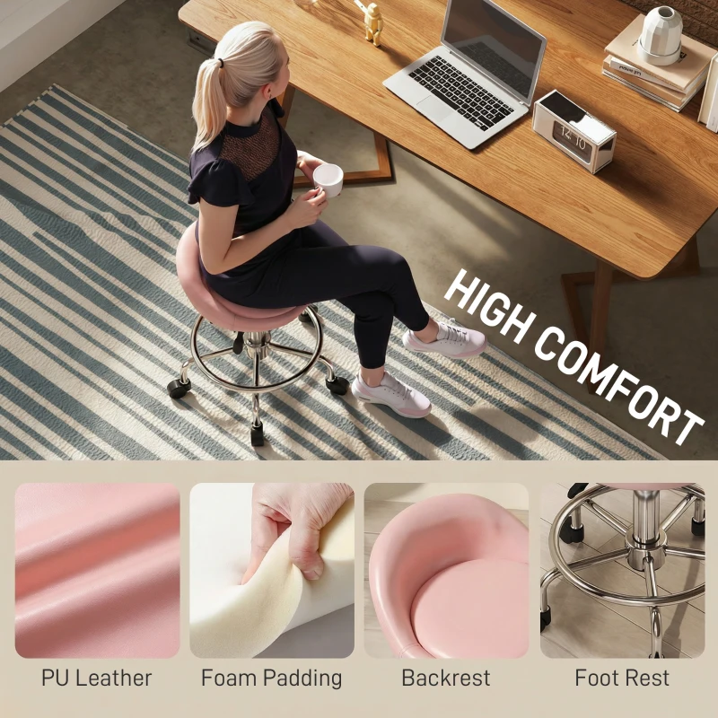 HOMCOM PU Leather Rolling Stool, Height Adjustable Swivel Salon Chair with Backrest and Foot Rest for Spa, Tattoo, Pink