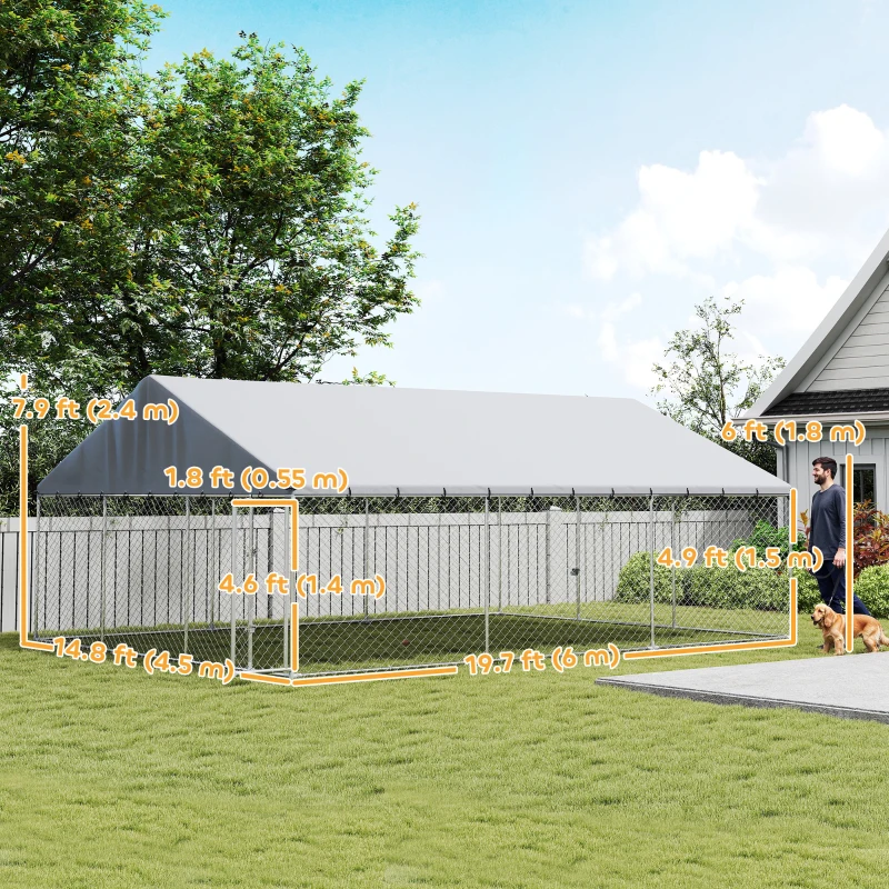 PawHut Galvanized Steel Outdoor Dog Kennel with Roof, Safety Locks, for Backyard, 19.7' x 14.8' x 7.9'