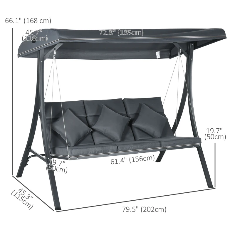 Outsunny 3-Person Patio Swing Chair, Outdoor Porch Swing Bench with Adjustable Canopy, Cushioned Seat, Dark Grey