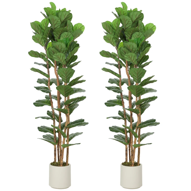 HOMCOM 6FT Artificial Fiddle Leaf Fig Tree Set of 2, Fake Potted Tree with Solid Wood Trunks for Indoor Decor, Green