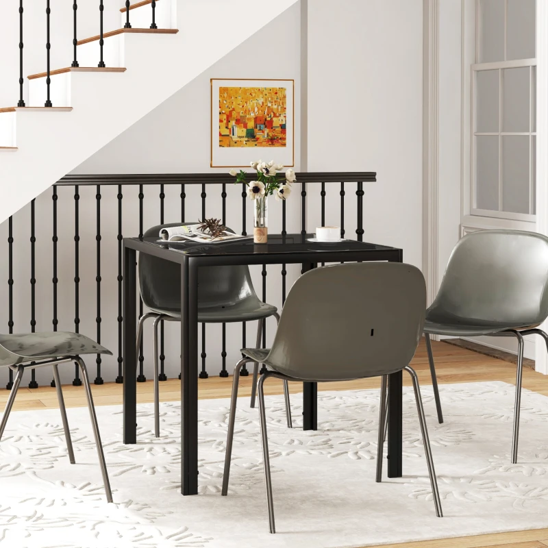 HOMCOM Square Kitchen Table for 2-4 People, Dining Table with Glass Top and Steel Legs for Dining Room, Black