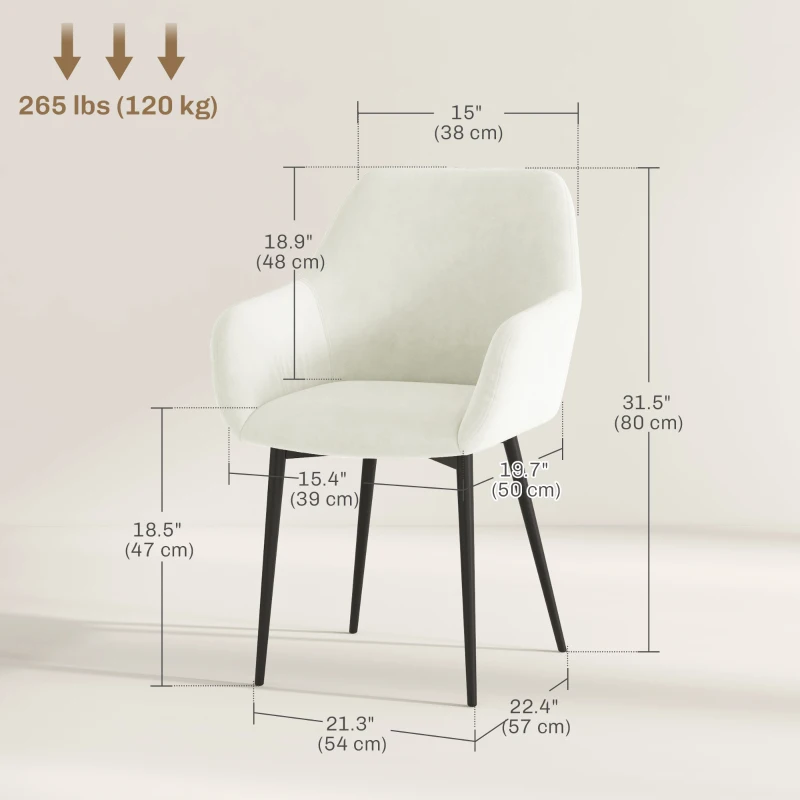 HOMCOM Dining Chairs Set of 2, Velvet-look Fabric Upholstered Kitchen Chairs with Backrest, Armrests and Steel Legs, Cream White