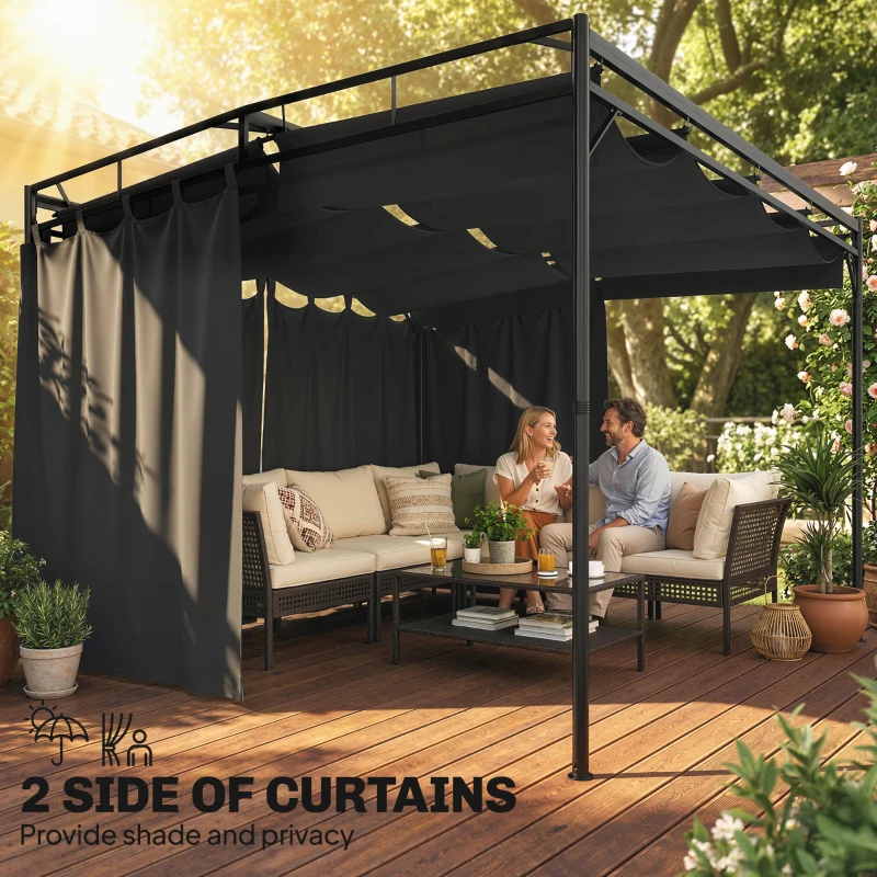 Outsunny 10' x 10' Retractable Pergola Canopy, Outdoor Pergola with Curtains, Metal Garden Gazebo Sun Shade Shelter for Patio