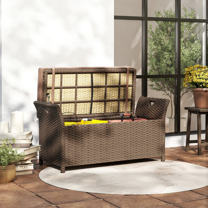 Outsunny 2-In-1 Outdoor Storage Bench, 29 Gallon Wicker Deck Box with Handles and Cushion, Tan