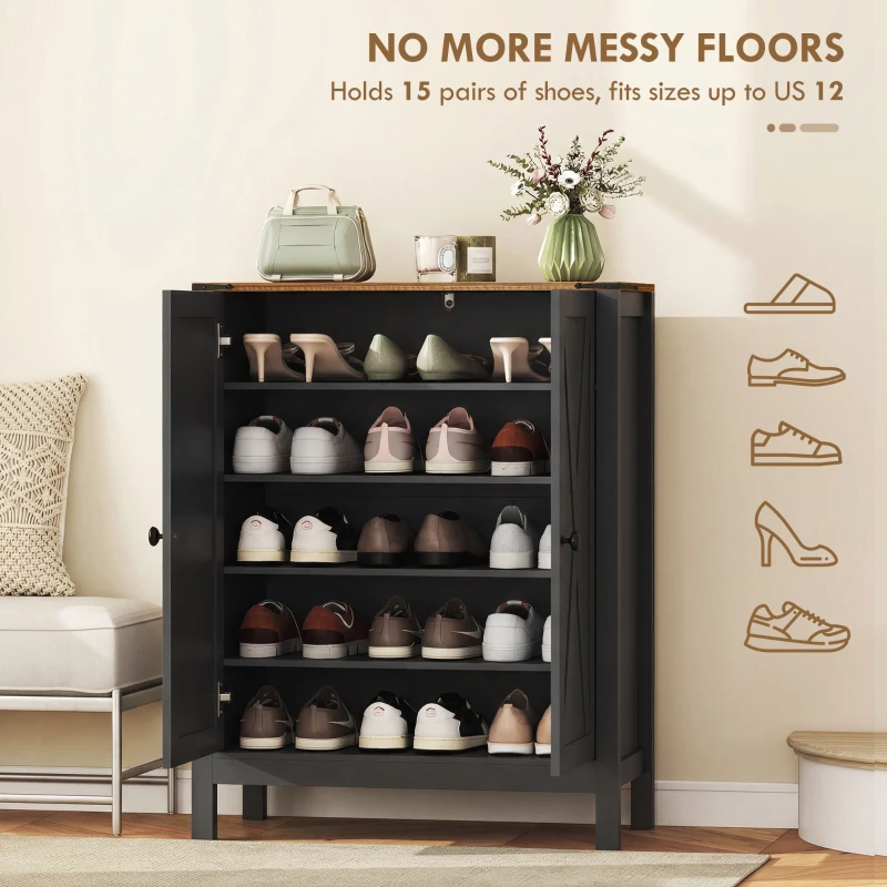 HOMCOM Shoe Cabinet with Barn Doors, Farmhouse Shoe Storage Cabinet with Adjustable Shelves, Holds up to 15 Pairs, Black