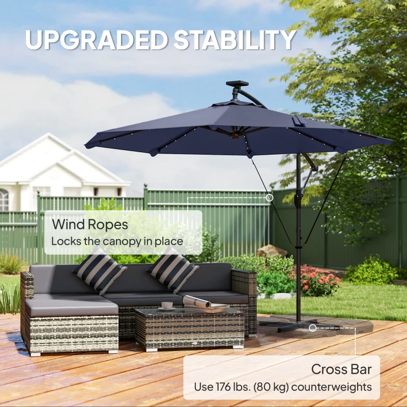 Outsunny 9.7ft Solar LED Cantilever Patio Umbrella with 32 LED Lights, Cross Base, Crank Handle, for Poolside, Deck, Dark Blue