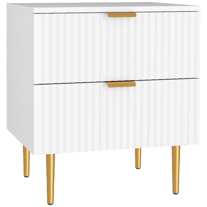 HOMCOM Bedside Table, Modern Nightstand with 2 Drawers, Side End Table with Metal Legs for Living Room, Bedroom, White