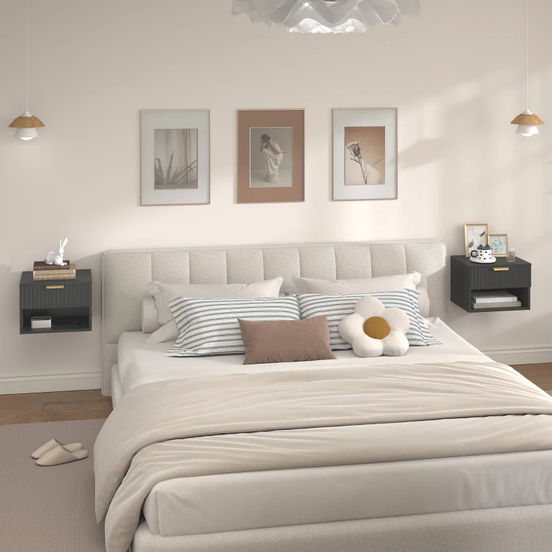 HOMCOM Floating Nightstands, Wall Mounted Bedside Tables Set of 2 with Drawer and Open Shelf, Black