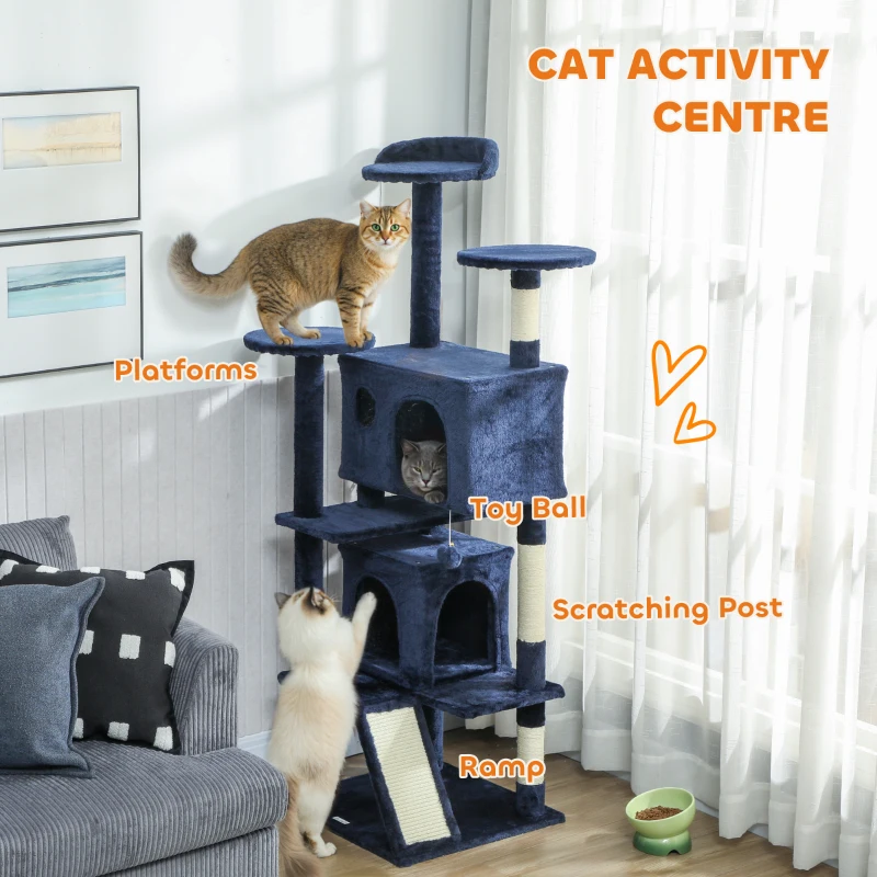 PawHut 63" Cat Tree, Multi-Level Cat Tower with Scratching Posts, Cat Condos, Bed, Platforms, Ramp, Toy Ball, Dark Blue