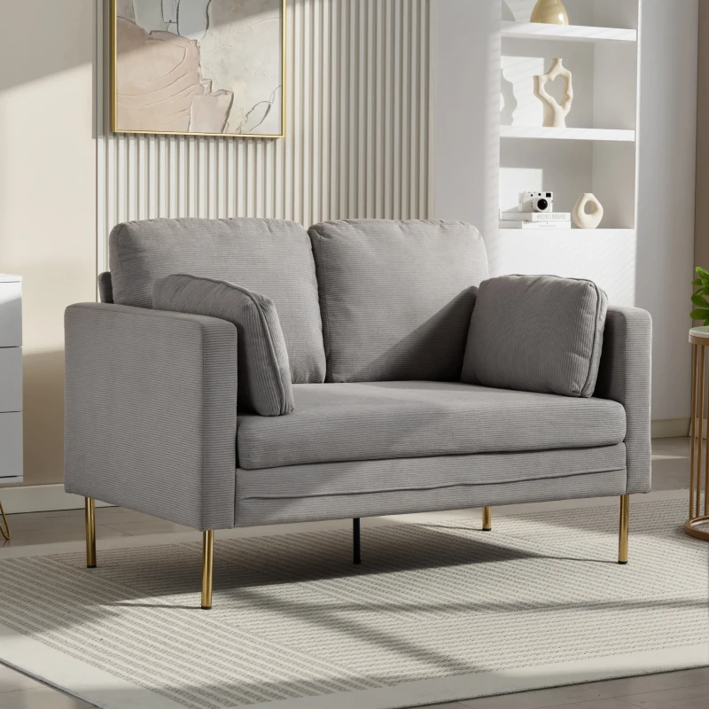 HOMCOM Loveseat Sofa, 55" Small Sofa Couch with 2 Pillows, Metal Legs for Living Room, Bedroom, Apartment, Grey