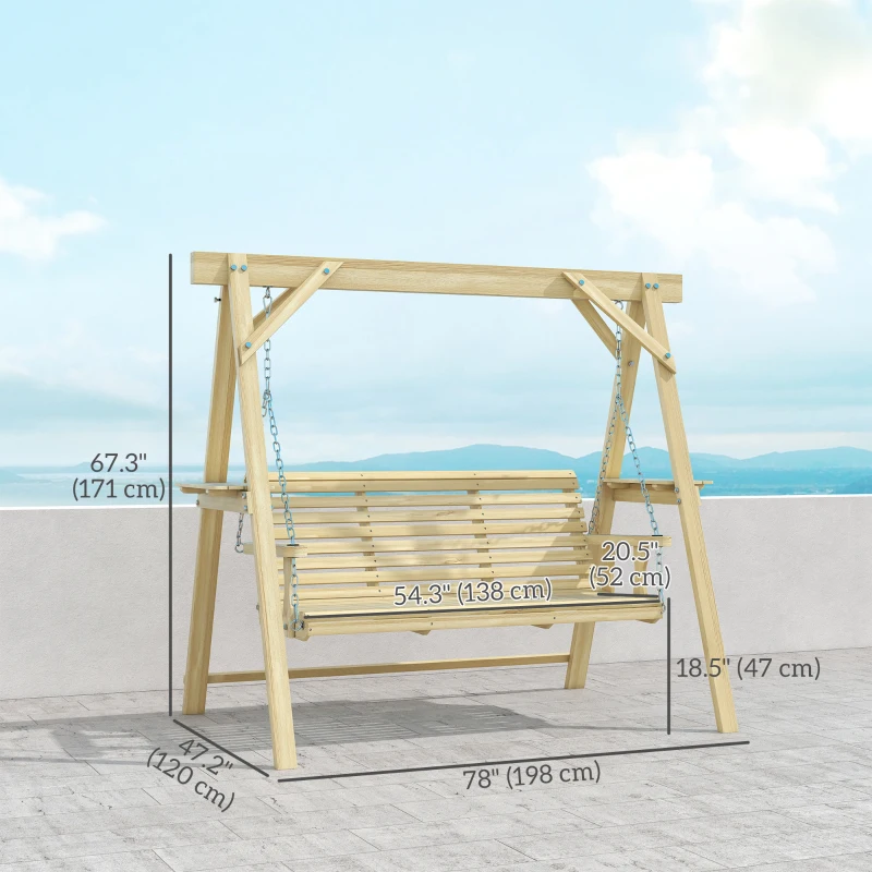 Outsunny 3 Seat Wooden Porch Swing with Stand, Patio Swing with Side Tables, for Garden, Poolside, Backyard, Natural Wood