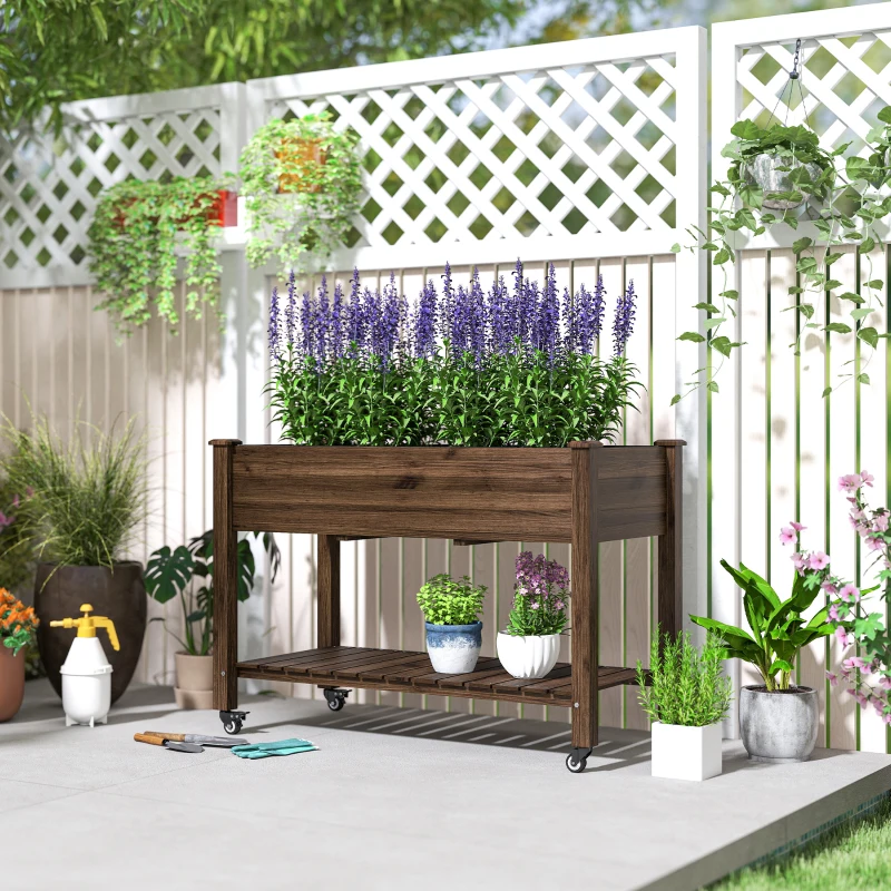 Outsunny Mobile Raised Garden Bed Elevated Wood Planter Box with Lockable Wheels, Storage Shelf for Herbs Vegetables, Carbonized