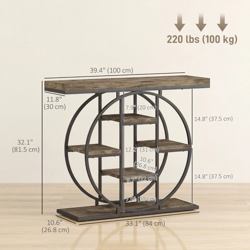 HOMCOM 39.4" Console Table with Storage Shelves, Industrial Sofa Table for Living Room, Hallway, Rustic Brown
